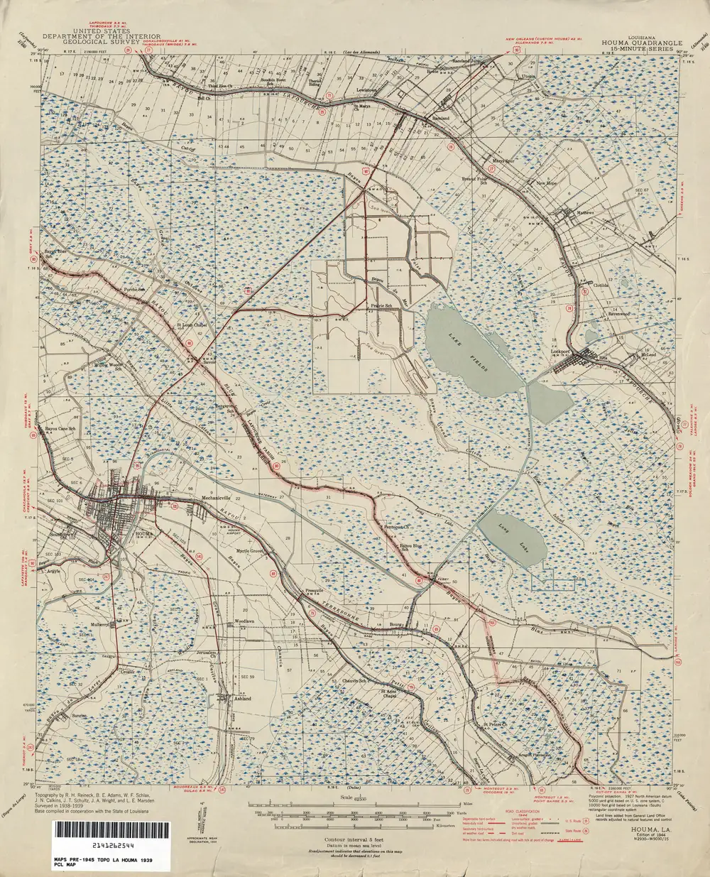 1939 U.S. Geological Survey map of Houma, Raceland and Lockport, with the bayous running south